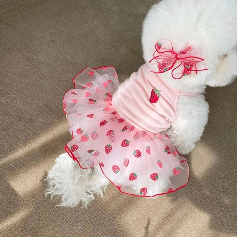 Haustierkleid Passendes Stirnband Baumwolle Netz Erdbeere Gänseblümchen Stickerei Atmungsaktiv Ärmellos Kleine Hunde Katzen