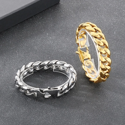 Pulsera De Cadena Cubana Acero Inoxidable Ancha Pesada Metal Hip Hop Punk Joyería Para Hombres