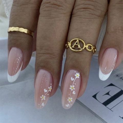 Ongles À Presser French Tip Plastique Forme Amande Rose Blanc Marguerite Fleur Motif Coeur Faux Ongles Artificiels Pour Femmes