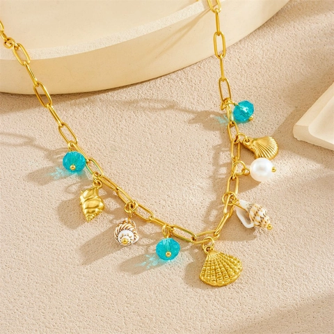 Collana Con Pendente A Conchiglia E Perla Artificial Tema Oceano Acciaio Inossidabile Placcato Oro Gioielli Mare Donna