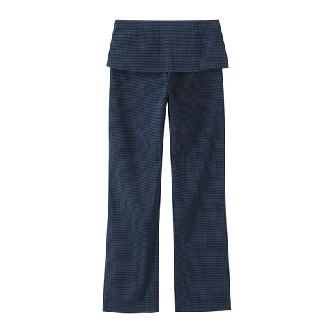 Women Plaid Straight Leg Pants Polyester High Fold Over Waist Trousers With Metal Buckle Belt Casual Fashion Vintage Style