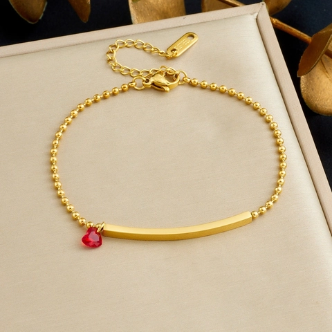 Stainless Steel Gold Plated Bead Chain Bracelet With Red Heart Pendant Curved Bar Minimalist Jewelry For Women