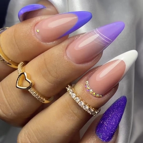 Mandelform Aufklebbare Nägel Lila Rosa Farbverlauf French Tip Strass Glitzer Modische Künstliche Nägel