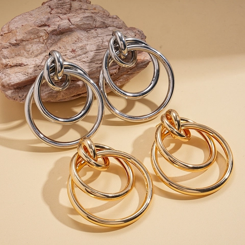Orecchini A Cerchio Geometrici Intrecciati Con Perno In Acciaio Tre Strati Incastonati Metallo Lucido Gioielli Alla Moda Per Donna