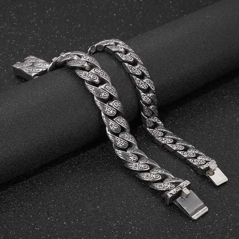 Bracelet Gourmette Gravé Rétro Acier Inoxydable Vintage Gothique Punk Relief Floral Streetwear Pour Hommes