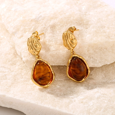 Vintage Drop Earrings Stainless Steel 18K Gold Plated Irregular Wrinkled Texture Resin Pendant Retro Style For Women