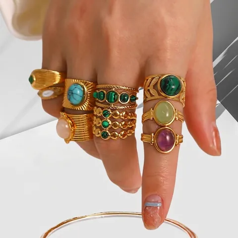 Vintage Stainless Steel Ring 18K Gold Plated Gemstone Inlay Bohemian Retro Geometric Jewelry For Women