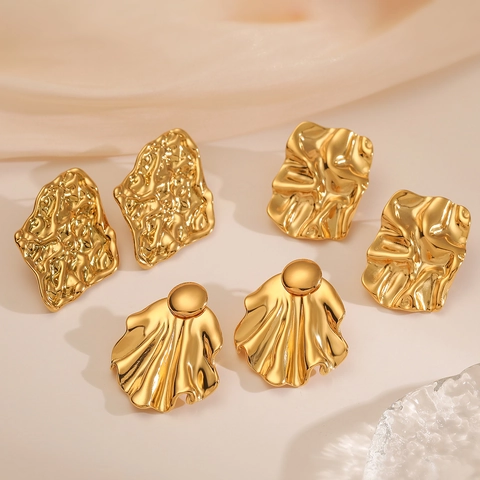 Boucles D'oreilles Géométriques Irrégulières Plaquées Or 18K Acier Inoxydable Style Métal Plissé Bijoux Mode