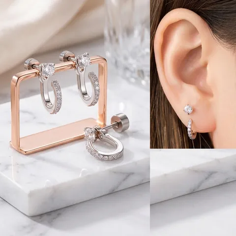 U Shaped Cartilage Ear Stud With Zircon Titanium Steel Micro Set Minimalist Flat Back Screw Earring
