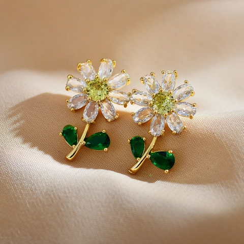 Élégantes Boucles D'oreilles À Tige Fleur En Cuivre Avec Tige En Argent Zircon Coloré Incrusté Forme Tulipe Pour Femmes