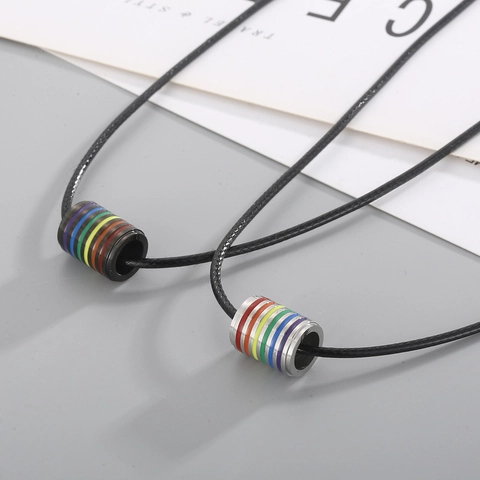 Stainless Steel Necklace Rainbow Enamel Interlocking Rings Cylinder Pendant Hip Hop Jewelry For Men Women