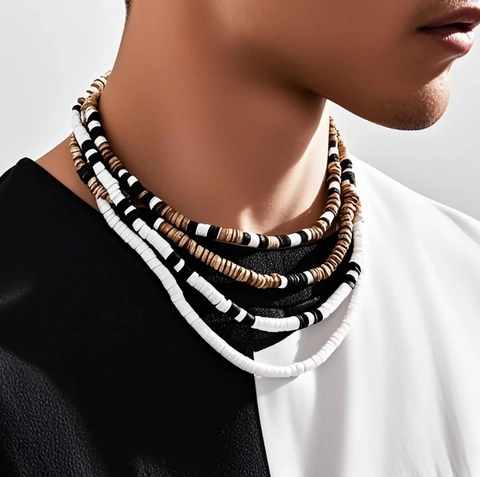 Men Beaded Necklaces Bohemian Polymer Clay Coconut Shell Multi Layer Ethnic Jewelry Handmade Accessories For Men