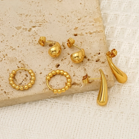Geometrische Kralen Ring En Waterdruppel Oorbellen 18K Verguld 304 Roestvrij Staal Waterdicht Hypoallergeen Voor Dames