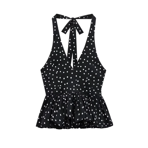 Women Halter Neck Polka Dot Floral Camisole Top Backless Tie-Neck V-Neck Sexy Peplum Hem Sleeveless Summer Cami Shirt