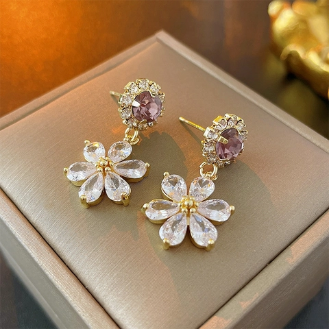 Flower Dangle Earrings Copper With Zircon Rhinestones And 925 Sterling Silver Earring Post Elegant Sparkling Fashion Women