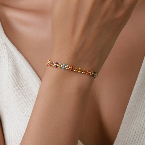 Stainless Steel Leaf Bracelet Gold Plated Olive Branch Enamel Colorful Dainty Fashion Jewelry For Women