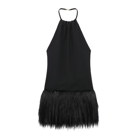 Zwarte Halter Mini Jurk Met Namaakbont Zoom Rugloos Mouwloos Sexy Avondfeest Bodycon Voor Dames Polyester