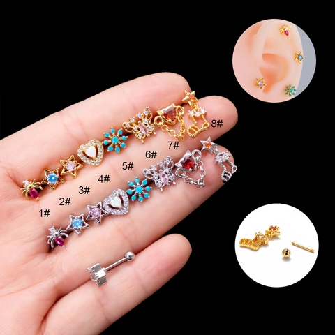 Stainless Steel Cartilage Stud Earrings Copper Micro Inlaid Colored Zircon Screw Ball Back Butterfly Star Heart For Women