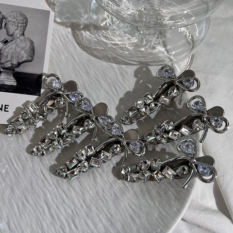 Strik Haarclip Legering Rijststeen Kristal Glanzend Eend Snavel Haarsper Elegant Delicaat Vintage Styling Voor Vrouwen Meisjes