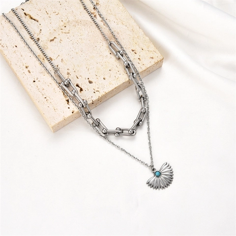 Double Layer Pendant Necklace Titanium Steel U Link Snake Chain Blue Agate Fan Sun Heart Pendant Retro Fashion Women Jewelry