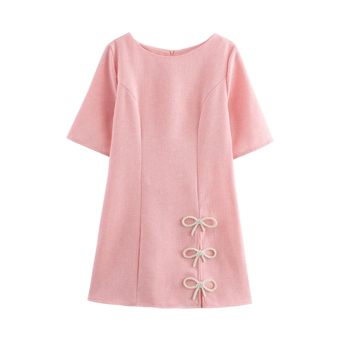 Pink Tweed Mini Dress Round Neck Short Sleeve Artificial Pearl Bow Decoration High Waist A-Line Sweet Elegant Summer Women