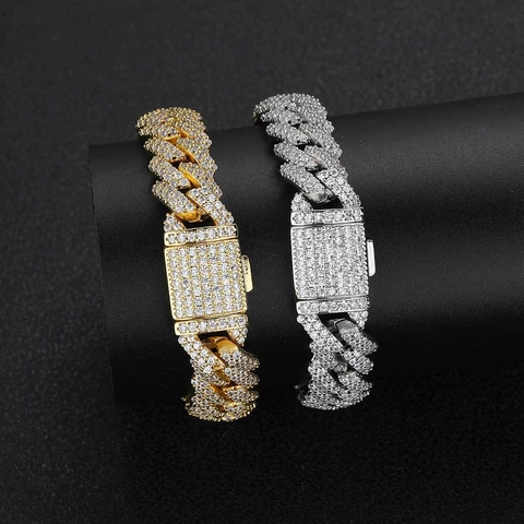 Collana E Bracciale A Catena Cuban Link Rhombic Iced Out Per Uomo Rame Micro Intarsiato Zirconia Hip Hop