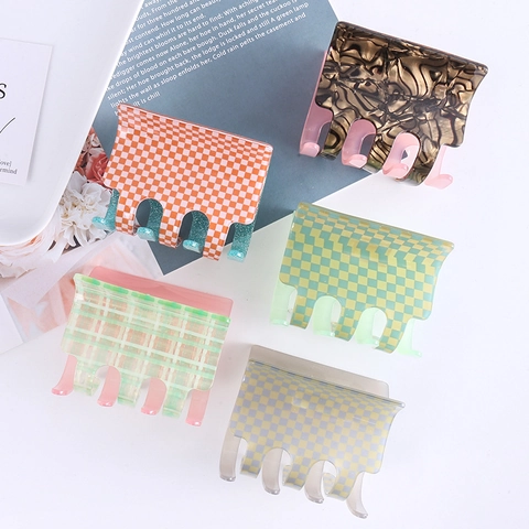 Square Hair Claw Clip Acrylic Acetate Checkerboard Pattern Grid Large Hair Catch Barrette Fashion Korean Style For Women