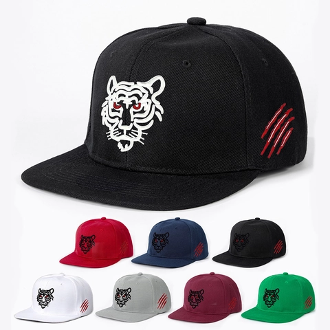 Tiger Head Embroidery Baseball Cap Polyester Flat Brim Snapback Streetwear Hip Hop Hat For Men Women
