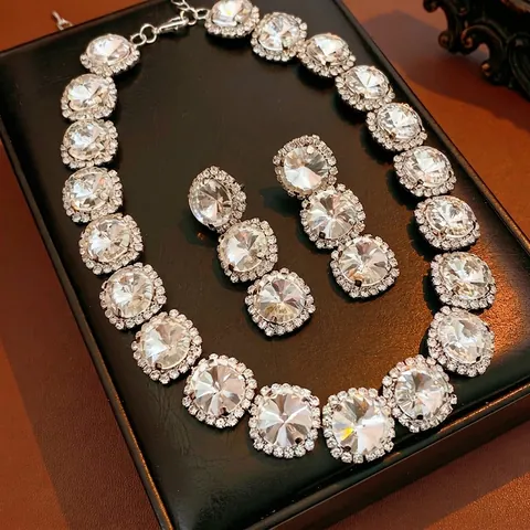 Set Gioielli Collana E Orecchini Lusso Strass Tondo Lega Cristallo Girocollo Per Donne Matrimonio Cena Festa Accessori