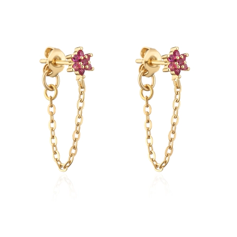 Micro Paved Zircon Flower Chain Stud Earrings Copper Gold Plated Double Piercing Back Hanging Elegant For Women
