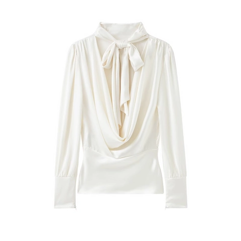 Elegant White Polyester Cotton Satin Blouse Bow Tie Neck Long Sleeve Pleated Waist Fashion Solid Color Slim Fit Tops