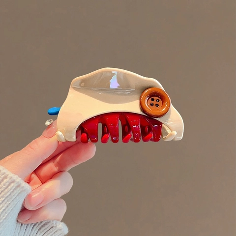 Pince À Cheveux Résine Plastique Décor De Bouton Color Block Antidérapante Shark Jaw Clip Épingle À Cheveux Mode Pour Femmes