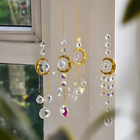 Crystal Suncatcher Moon Star Hanging Ornament Golden Alloy Chain Rainbow Maker Home Garden Decor Sparkling Prism