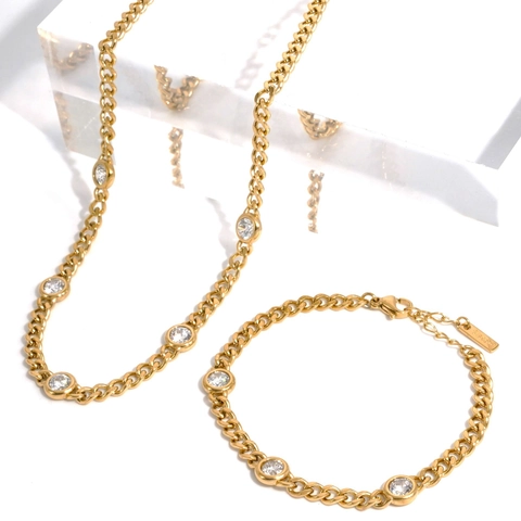 Gioielli In Acciaio Inossidabile Collana E Bracciale A Catena Cubana Con Zircone Rotondo Hip Hop Trendy Per Donne