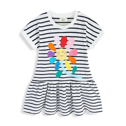 Girls Short Sleeve Striped Dress With Colorful Sunflower Applique Combed Cotton Princess Party Skirt Summer Kids Casual Clothing