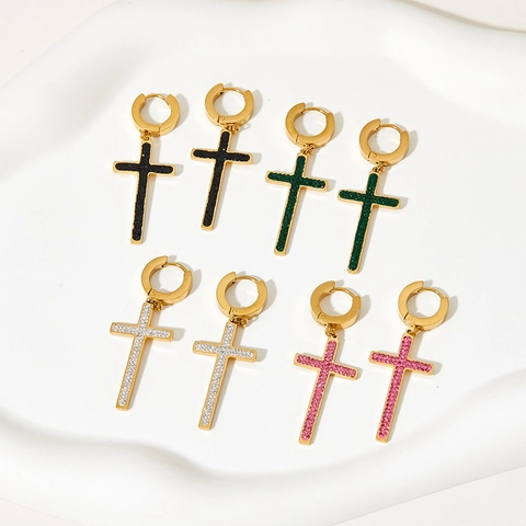 Stainless Steel Cross Hoop Earrings For Women Men Rhinestone Dangle Huggie Gothic Punk Retro Hip Hop Jewelry Accessory