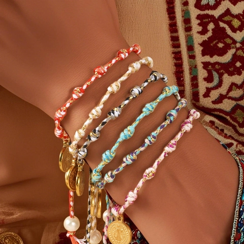 Handmade Woven Cotton Rope Bracelet With Artificial Pearl And Religious Medal Gold Coin Charms Bohemian Jewelry For Women