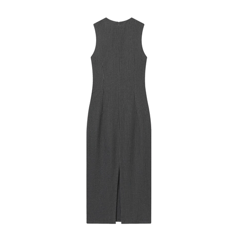Robe Midi Sans Manches Gris Rayé Col Rond Élastique Coupe Ajustée Bureau Élégant Robe Moulante Pour Femmes
