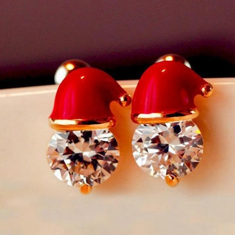 Santa Hat Christmas Stud Earrings Alloy Enamel Round Clear Cubic Zirconia Festive Holiday Party Jewelry For Women