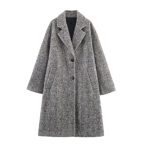 Manteau Long À Chevrons Pour Femmes Polyester Aspect Laine Revers À Encoche Boutonné Décontracté Automne Hiver