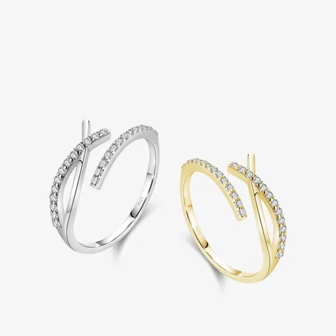 925 Sterling Silber Verstellbarer Offener Ring Crossover Geometrischer Mikropavé Zirkonia Minimalistischer Eleganter Schmuck