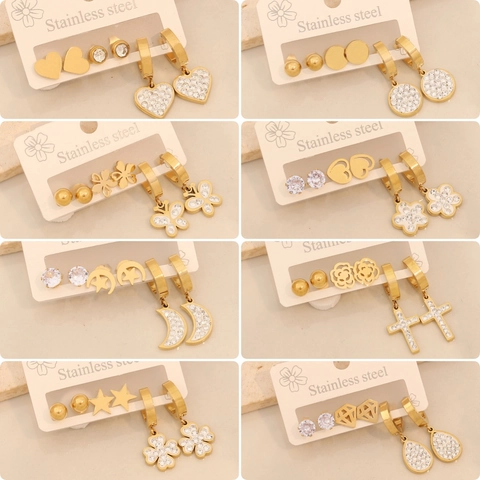 Mode Ohrringe Edelstahl Strass Gold Herz Schmetterling Blume Geometrischer Schmuck Für Frauen