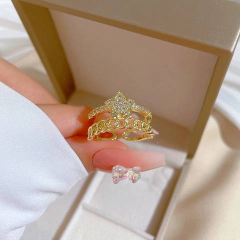 Doppelschichtiger Sternring Messing Zirkonia Vergoldet Offen Verstellbar Gliederkette Schmuck Für Damen