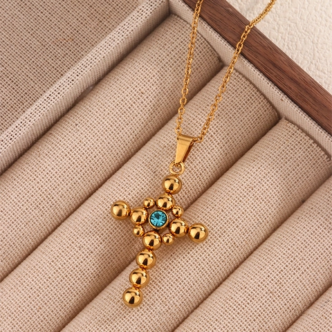 Collana Pendente Croce Acciaio Inossidabile Placcato Oro Design Perlato Con Zirconia Colorata Gioielli Retro
