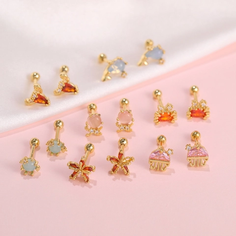 Ins Marine Series Animal Stud Earrings Gold Plated Copper Rhinestone Crab Octopus Jellyfish Starfish Tiny Ear Bone Jewelry