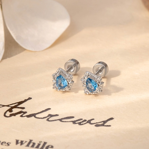 Water Drop Blue Zircon Cartilage Stud Earrings Titanium Steel Threaded Screw Back Sweet Style Jewelry For Women