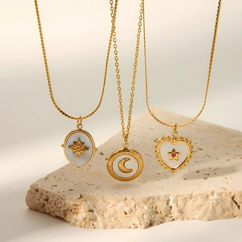 Stainless Steel Pendant Necklace 18K Gold Plated Mother Of Artificial Pearl Moon Star Heart Shape Minimalist Jewelry For Women