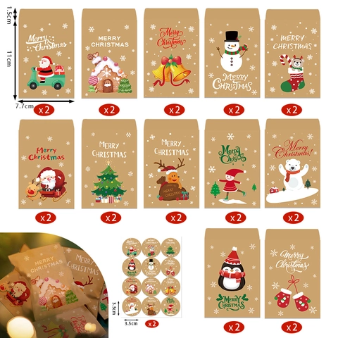 Christmas Kraft Paper Envelope Bags With Stickers Holiday Gift Wrapping For Candy Cookies Greeting Cards Small Pocket