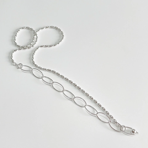 Collana Cuciture Asimmetriche Argento Sterling 925 Catena Grani Oliva Maglie Ovali Pendente Perla Tonda Minimalista Retro