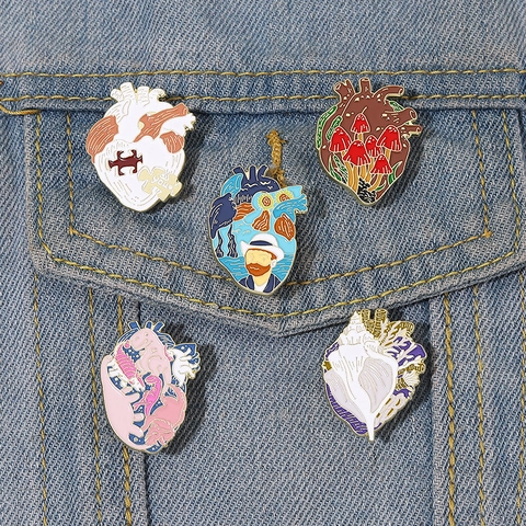 Broche Corazón Anatómico Esmalte Aleación De Zinc Arte Van Gogh Seta Dinosaurio Concha Creativa Para Ropa Bolsa